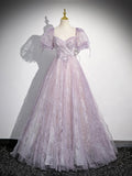 Lilac Tulle Short Sleeve Floor Length Prom Dress, Lovely A-Line Evening Party Dress HZ0429