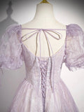Lilac Tulle Short Sleeve Floor Length Prom Dress, Lovely A-Line Evening Party Dress HZ0429