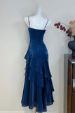 Beautiful Navy Spaghetti Strap Prom Dress - Tiered Ruffle Evening Party Dress HZ0429