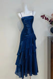 Beautiful Navy Spaghetti Strap Prom Dress - Tiered Ruffle Evening Party Dress HZ0429