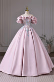 Pink Satin Lace Long Prom Dress, A-Line Off the Shoulder Evening Party Gown HZ0429