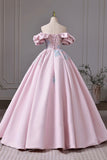 Pink Satin Lace Long Prom Dress, A-Line Off the Shoulder Evening Party Gown HZ0429