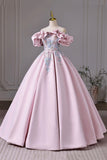 Pink Satin Lace Long Prom Dress, A-Line Off the Shoulder Evening Party Gown HZ0429