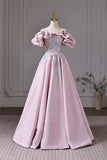 Pink Satin Lace Long Prom Dress, A-Line Off the Shoulder Evening Party Gown HZ0429