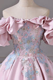 Pink Satin Lace Long Prom Dress, A-Line Off the Shoulder Evening Party Gown HZ0429