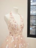 Pink V-Neck Tulle Sequins Short Prom Dress, Cute A Line Backless Evening Party Dress HZ0429