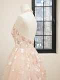 Pink V-Neck Tulle Sequins Short Prom Dress, Cute A Line Backless Evening Party Dress HZ0429