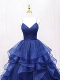 Navy Blue Tulle Long Prom Dress, A-Line Spaghetti Strap Evening Gown HZ0429