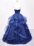 Navy Blue Tulle Long Prom Dress, A-Line Spaghetti Strap Evening Gown HZ0429