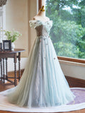 A-Line Green Floor Length Prom Dress, Beautiful Off the Shoulder Backless Evening Party Dress HZ0429