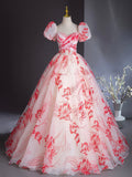 Elegant Printing Floor Length Prom Dresses, Off the Shoulder Puffy Short Sleeve Backless Formal Dresses HZ0429