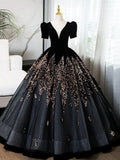 Black V-Neck Velvet and Sequins Long Prom Dress, A-Line Short Sleeve Formal Dress HZ0429
