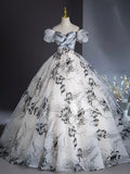 Elegant Printing Floor Length Prom Dresses, Off the Shoulder Puffy Short Sleeve Backless Formal Dresses HZ0429