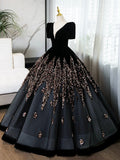 Black V-Neck Velvet and Sequins Long Prom Dress, A-Line Short Sleeve Formal Dress HZ0429