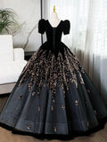 Black V-Neck Velvet and Sequins Long Prom Dress, A-Line Short Sleeve Formal Dress HZ0429