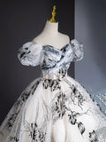 Elegant Printing Floor Length Prom Dresses, Off the Shoulder Puffy Short Sleeve Backless Formal Dresses HZ0429