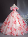 Elegant Printing Floor Length Prom Dresses, Off the Shoulder Puffy Short Sleeve Backless Formal Dresses HZ0429