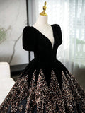 Black V-Neck Velvet and Sequins Long Prom Dress, A-Line Short Sleeve Formal Dress HZ0429