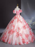 Elegant Printing Floor Length Prom Dresses, Off the Shoulder Puffy Short Sleeve Backless Formal Dresses HZ0429