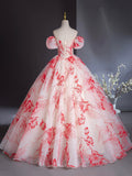 Elegant Printing Floor Length Prom Dresses, Off the Shoulder Puffy Short Sleeve Backless Formal Dresses HZ0429