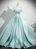 Blue Satin Long Prom Dress, Elegant Short Sleeve Evening Party Gown HZ0429