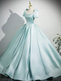 Blue Satin Long Prom Dress, Elegant Short Sleeve Evening Party Gown HZ0429