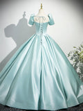 Blue Satin Long Prom Dress, Elegant Short Sleeve Evening Party Gown HZ0429