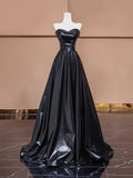 Black Leather Long Prom Dress, A-Line Strapless Evening Party Dress HZ0429
