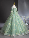Green Floral Tulle Long Prom Dress, Beautiful A-Line Evening Formal Dress HZ0429
