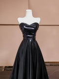 Black Leather Long Prom Dress, A-Line Strapless Evening Party Dress HZ0429