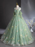 Green Floral Tulle Long Prom Dress, Beautiful A-Line Evening Formal Dress HZ0429