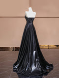 Black Leather Long Prom Dress, A-Line Strapless Evening Party Dress HZ0429