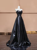 Black Leather Long Prom Dress, A-Line Strapless Evening Party Dress HZ0429