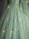 Green Floral Tulle Long Prom Dress, Beautiful A-Line Evening Formal Dress HZ0429