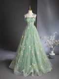 Green Floral Tulle Long Prom Dress, Beautiful A-Line Evening Formal Dress HZ0429