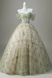 Enchanted Garden Off-the-Shoulder Sage Green Floral Ball Gown HZ0429