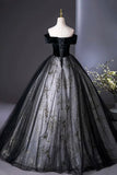 Black Velvet and Tulle Long Formal Dress, A-Line Off the Shoulder Prom Party Dress HZ0429