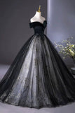 Black Velvet and Tulle Long Formal Dress, A-Line Off the Shoulder Prom Party Dress HZ0429