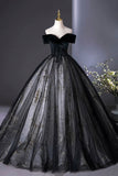 Black Velvet and Tulle Long Formal Dress, A-Line Off the Shoulder Prom Party Dress HZ0429