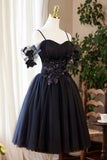 Black Tulle Flowers Short Prom Dress, Black A-line Evening Party Dress HZ0429