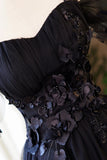 Black Tulle Flowers Short Prom Dress, Black A-line Evening Party Dress HZ0429