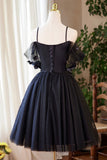 Black Tulle Flowers Short Prom Dress, Black A-line Evening Party Dress HZ0429