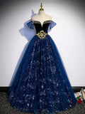 Blue Tulle Floor Length Prom Dress with Beaded, Off the Shoulder Evening Party Dress HZ0429