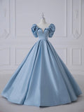 Blue Satin Long Prom Dress, Beautiful A-Line Short Sleeve Evening Party Dress HZ0429