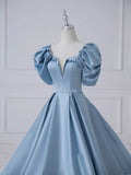 Blue Satin Long Prom Dress, Beautiful A-Line Short Sleeve Evening Party Dress HZ0429