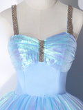Beautiful  Shiny Blue Tulle Long Formal Dress, A-Line Spaghetti Strap Sweetheart Princess Dress HZ0429