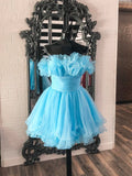 Lovely Blue Strapless A-Line Short Prom Dress, Organza Pleated Ruffle Tiered  Homecoming Dress HZ0429