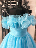 Lovely Blue Strapless A-Line Short Prom Dress, Organza Pleated Ruffle Tiered  Homecoming Dress HZ0429