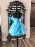 Lovely Blue Strapless A-Line Short Prom Dress, Organza Pleated Ruffle Tiered  Homecoming Dress HZ0429