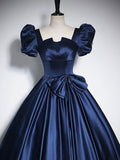 Elegant Blue Satin Floor-Length Prom Dresses, Square Neckline Puffy Short Sleeve Bow Formal Dresses HZ0429